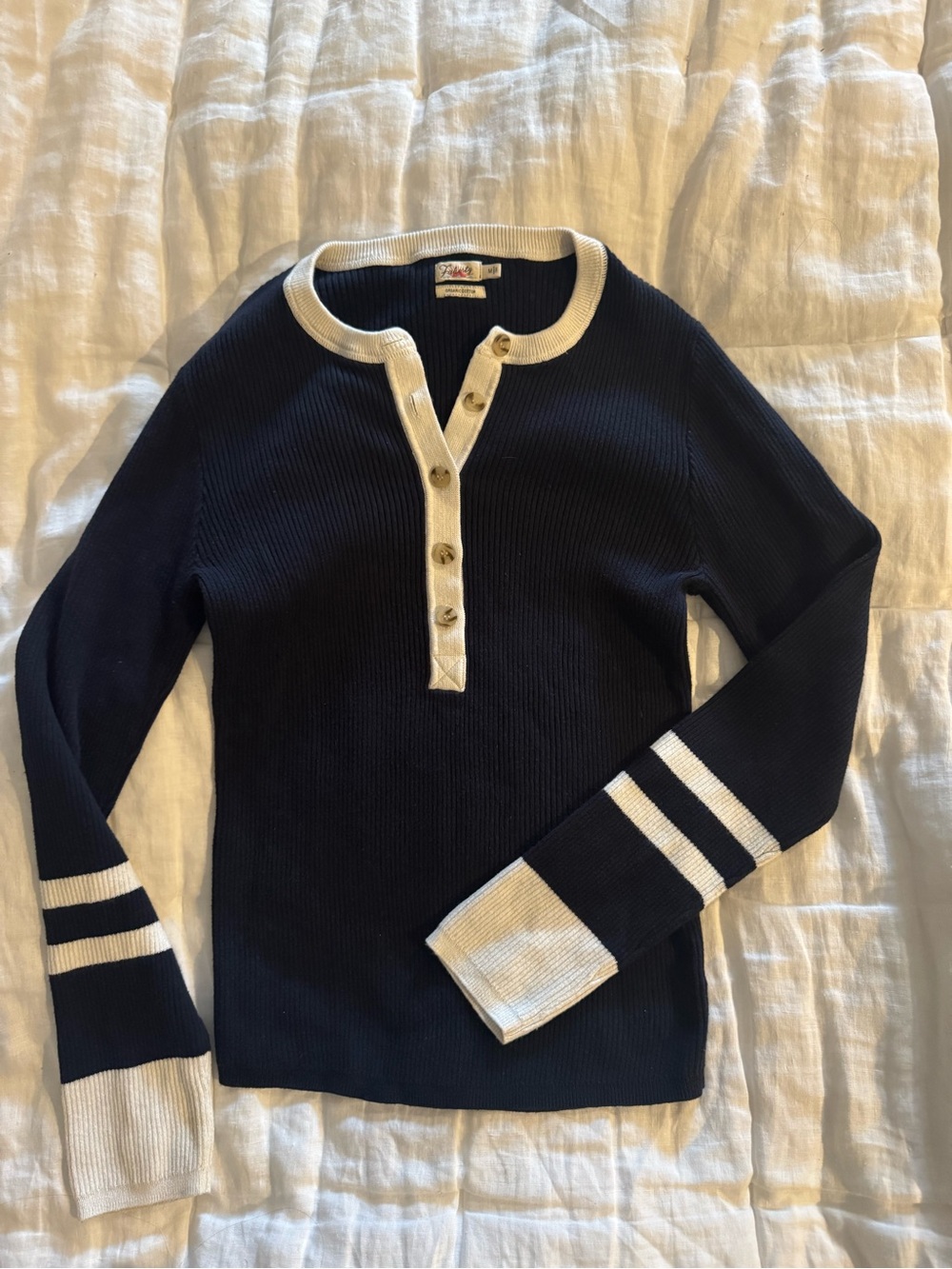 Faherty Navy Ribbed Henley with Cream Trim
